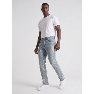 (b42/10)WHO DECIDES WAR Men's Light Wash Distressed Straight Fit Denim Jeans 32